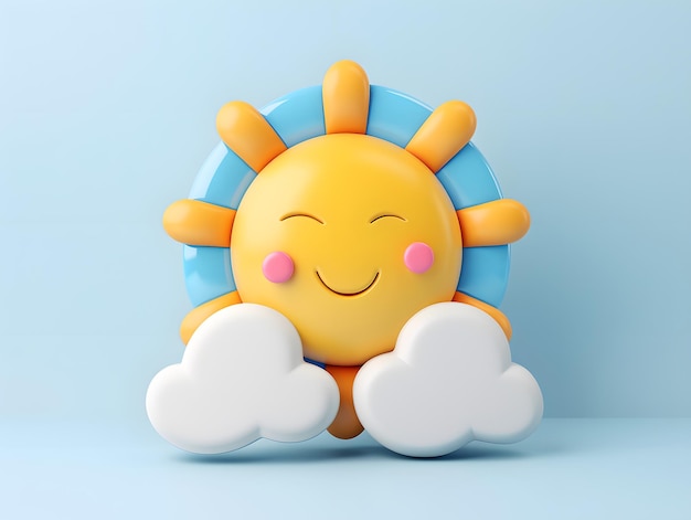 Foto ilustración 3d del sol sonriente con nubes tiempo soleado