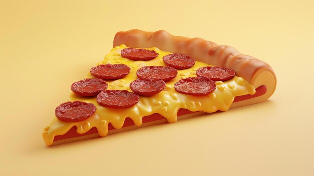 Ilustración 3D de una sola rebanada de pizza con pepperoni aislado en un fondo amarillo