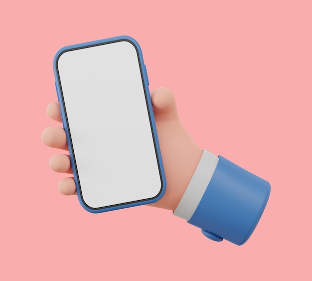 Ilustración 3D Sostenga a mano un teléfono inteligente con pantalla en blanco sobre fondo rosa