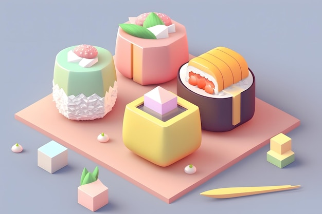 Una ilustración 3d de sushi y sushi en una mesa.