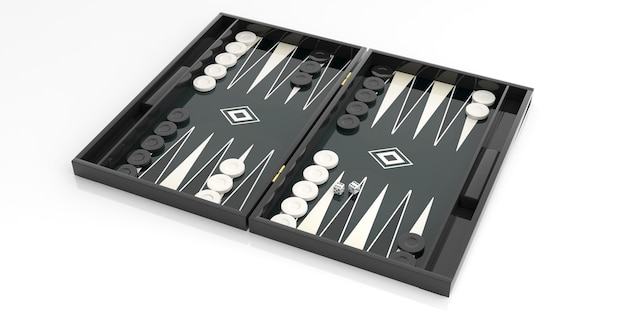 Ilustración 3d de tablero de backgammon en blanco y negro