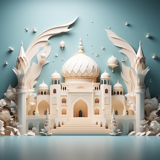 Ilustración en 3D del Taj Mahal en estilo de corte de papel Fondo de lujo