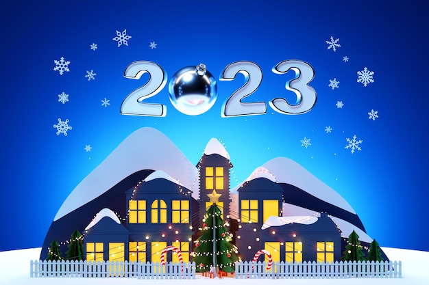 Ilustración 3D Tarjeta de ilustración de Navidad con árbol de ciudad de pueblo pequeño de noche decorado con luces en el fondo de la tarjeta de año nuevo de montaña con calendario de números 2023