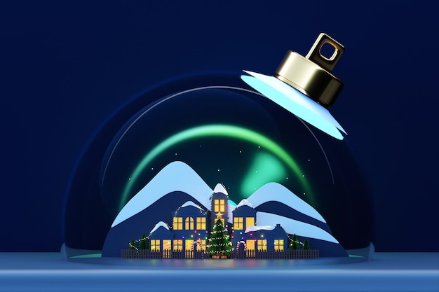 Ilustración 3D Tarjeta de vacaciones de cuento de hadas con bola de cristal noche pequeño pueblo ciudad árbol decorado Decoraciones navideñas realistas