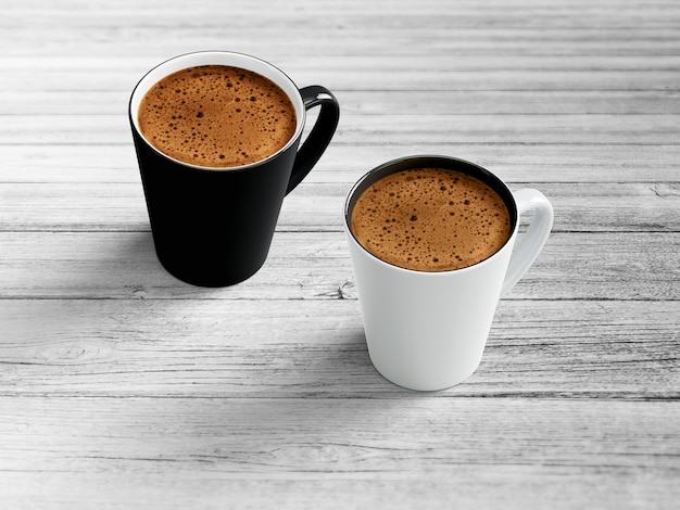 Ilustración 3D tazas de porcelana en blanco y negro con café aislado sobre fondo de madera