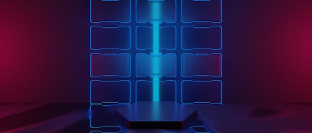 Ilustración 3D de tecnología visualización futurista cyberpunk juegos scifi escenario pedestal fondo jugador pancarta signo de brillo de neón soporte podio para la venta de productos