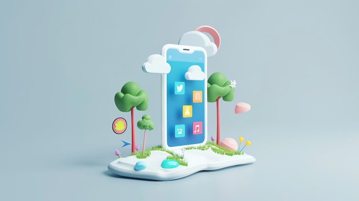 Foto ilustración 3d de un teléfono inteligente con iconos de redes sociales rodeados de árboles de dibujos animados y nubes