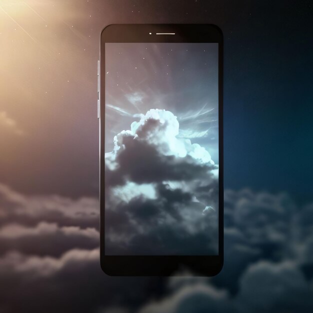 Ilustración 3D de teléfono inteligente con nube y cielo en la pantalla