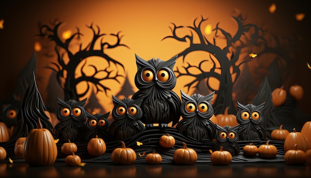 Ilustración 3D del tema de Halloween con un grupo de calabaza Jack O Lantern y estilo gráfico de papel
