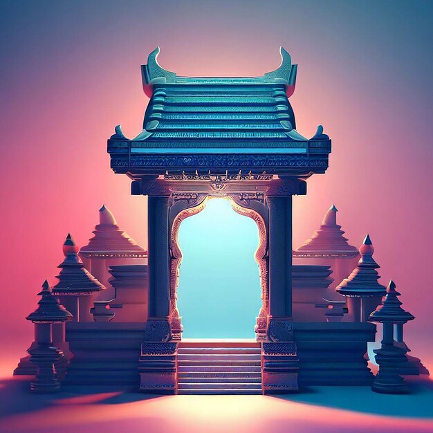 Ilustración 3d de un templo con una puerta en el medio