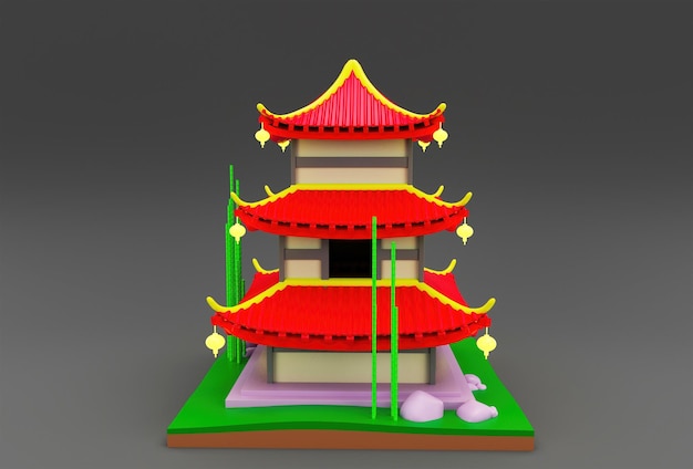 Ilustración 3d del templo tradicional de la casa china sobre fondo blanco