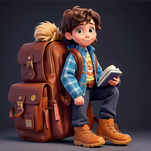 Foto ilustración 3d de the curious kid back to school journey con una bolsa mágica y un libro