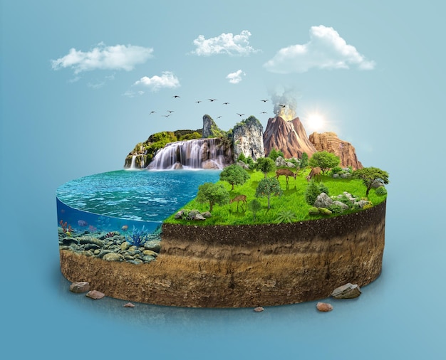 Ilustración 3d de tierra isométrica con hermoso océano azul y bosque verde con árboles y animales.