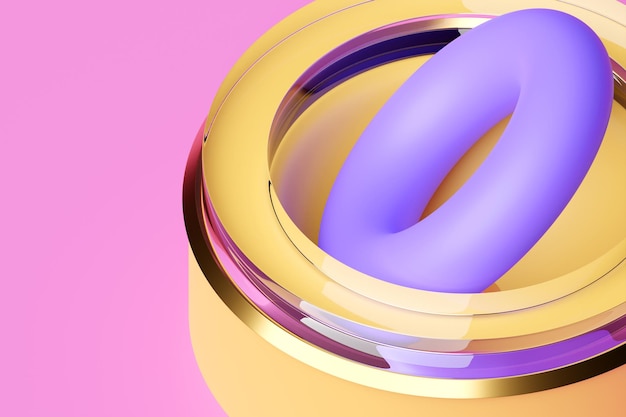 Ilustración 3D de un toro de anillo morado y amarillo Fantástica celda Formas geométricas simples