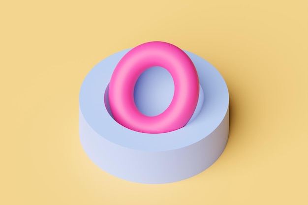 Ilustración 3D de un toro de anillo rosa y azul. Fantástica celda. Formas geométricas simples.