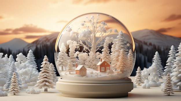 Ilustración 3D de la tranquilidad del globo de nieve con cubierta de nieve blanca