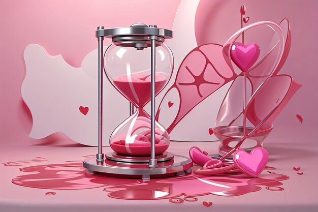 Ilustración 3d de transfusión de sangre del día del donante de corazón de reloj de arena rosa