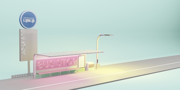 Ilustración 3D de transporte público de la ciudad de dibujos animados de parada de autobús