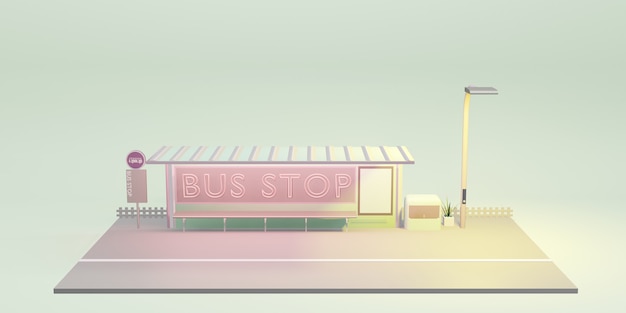 Ilustración 3D de transporte público de la ciudad de dibujos animados de parada de autobús