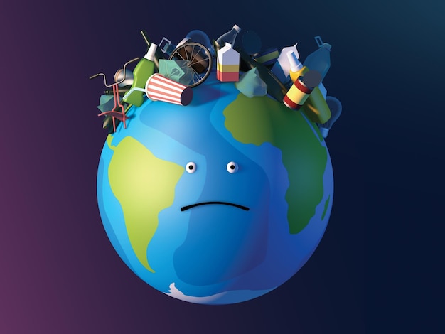 Ilustración 3d En un triste planeta Tierra un peinado de un montón de basura