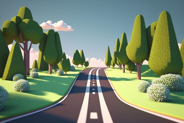 Ilustración 3d de un trozo de carretera verde aislada, viajes creativos y diseño todoterreno turístico