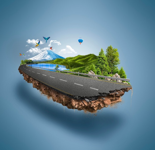 Ilustración 3d de un trozo de carretera verde aislada viajes creativos y turismo diseño offroad