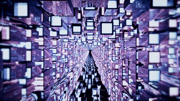 Foto ilustración 3d de túnel sin fin 4k uhd con paredes púrpuras