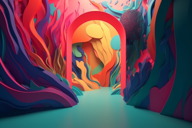 Una ilustración 3d de un túnel con un fondo colorido.