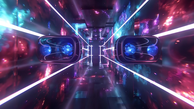 Ilustración 3D de un túnel futurista de ciencia ficción con luces de neón brillantes y una esfera brillante en el centro