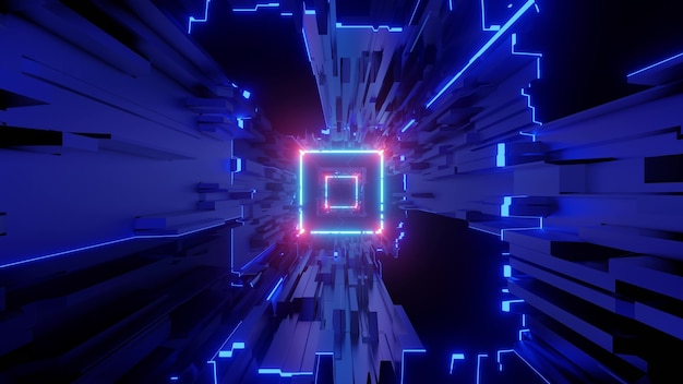 Ilustración 3D de túnel futurista con luces de neón