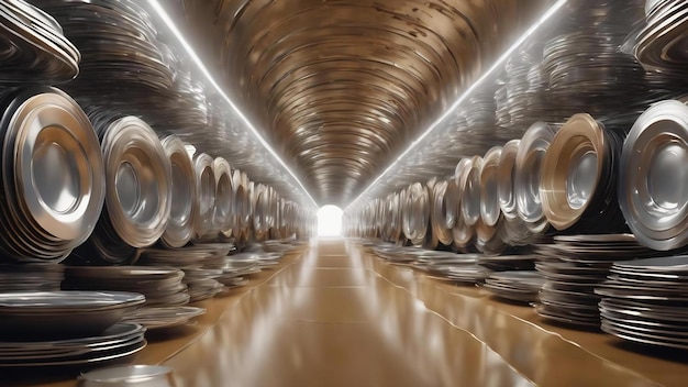 Ilustración en 3D de un túnel de placas plateadas desordenadas sobre un fondo blanco con manchas de ocre claro