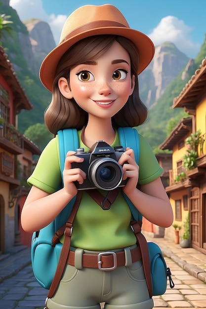 Ilustración 3D de una turista femenina de dibujos animados con una cámara