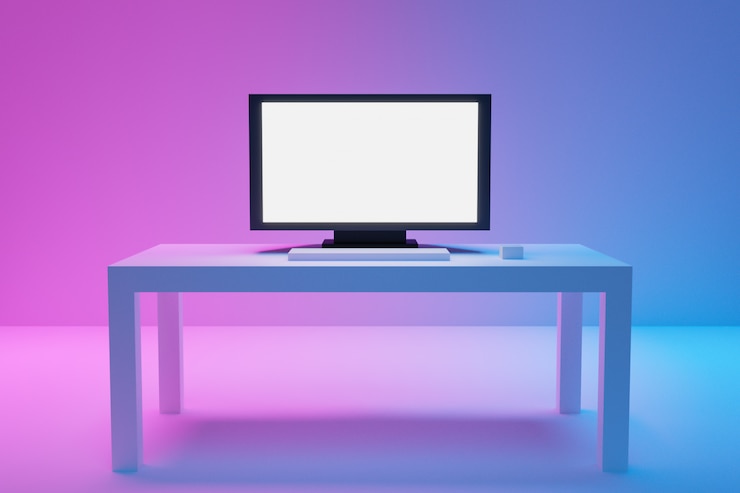 Foto la ilustración 3d de una tv plana grande se coloca en una mesa de centro blanca en un fondo azul-rosado.