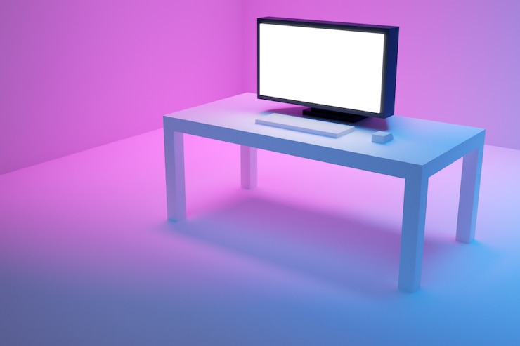 Foto la ilustración 3d de una tv plana grande se coloca en una tabla blanca en un fondo azul-rosado.