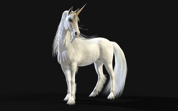 Ilustración 3d Unicornio blanco mítico posando aislado en la pared oscura con trazado de recorte.