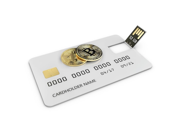 Ilustración 3d de una unidad flash. Tarjeta de crédito con bitcoins de oro.