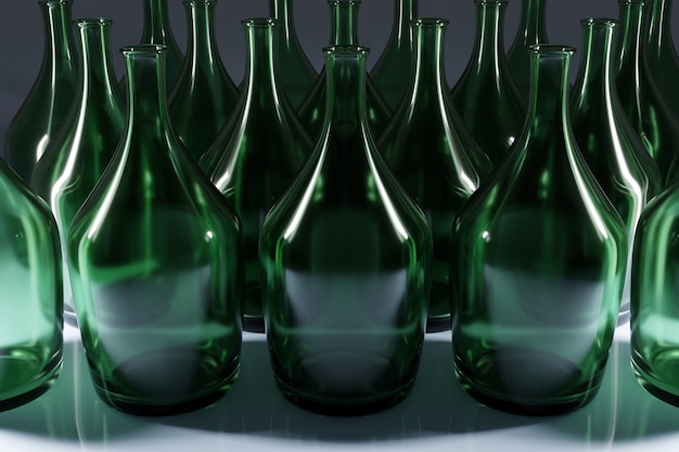 Ilustración 3d de varias botellas de vino de vidrio verde de pie en filas uniformes sobre un fondo gris aislado