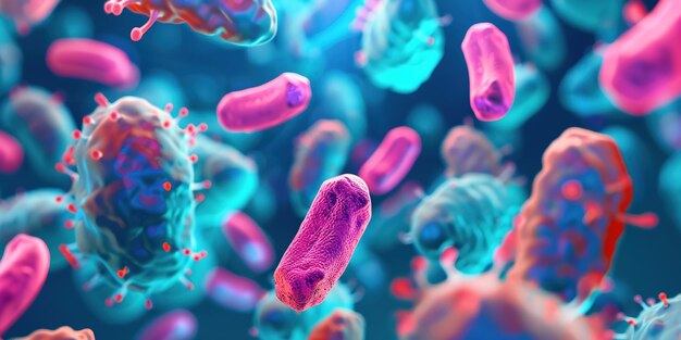 Ilustración 3D de varias células bacterianas y virus en colores vibrantes