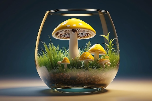 Ilustración 3D de vidrio en el lado con hongo con hierba y luz amarilla