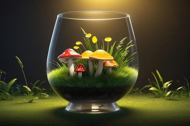 Ilustración 3D de vidrio en el lado con hongo con hierba y luz amarilla