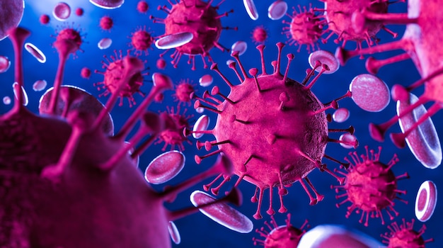 Ilustración 3D del virus Coronavirus COVID-19 bajo el microscopio en una muestra de sangre