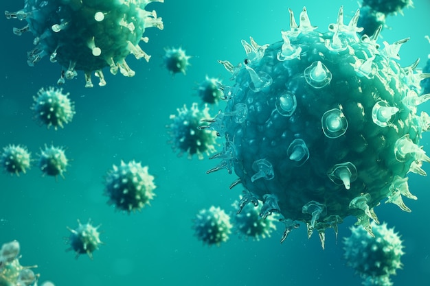 Ilustración 3D de virus patógenos que causan infección en el organismo huésped. Epidemia de enfermedad viral. Fondo abstracto de virus. Virus, bacterias, organismos infectados con células.