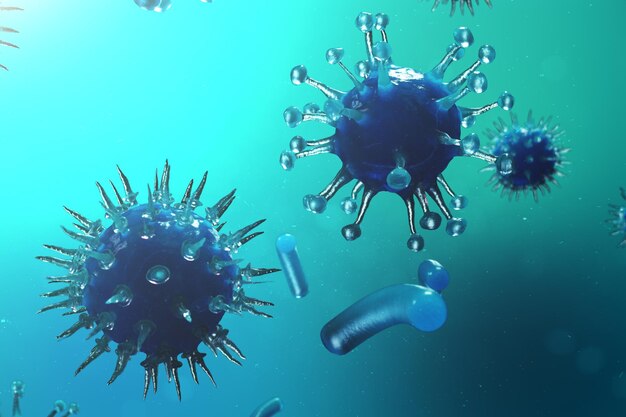 Ilustración 3D virus patógenos que causan infección en el organismo huésped. Epidemia de enfermedades virales. Fondo abstracto de virus. Virus, bacteria, organismo infectado por células.