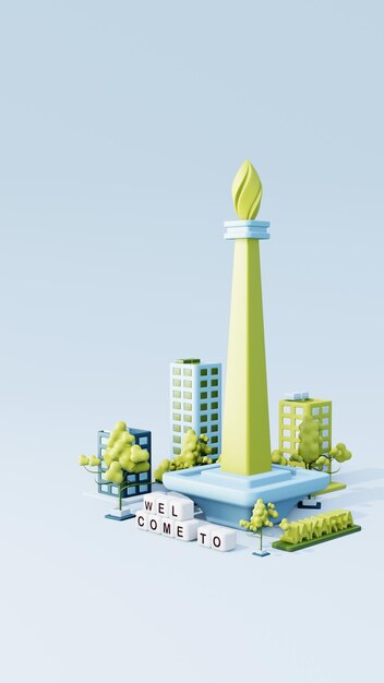 Ilustración 3d Vista de la ciudad de Yakarta y edificio simple alrededor en color azul y verde