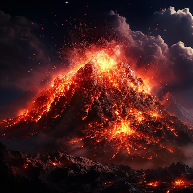 Foto ilustración en 3d de la vista nocturna de la erupción del volcán