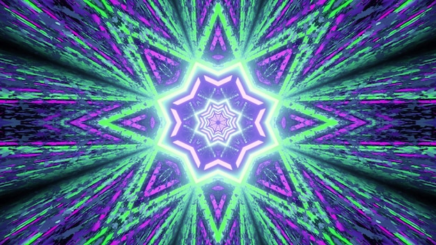 Ilustración 3d visual de arte abstracto en colores neón verde y morado con patrón en forma de estrella brillante y reflejos de luz