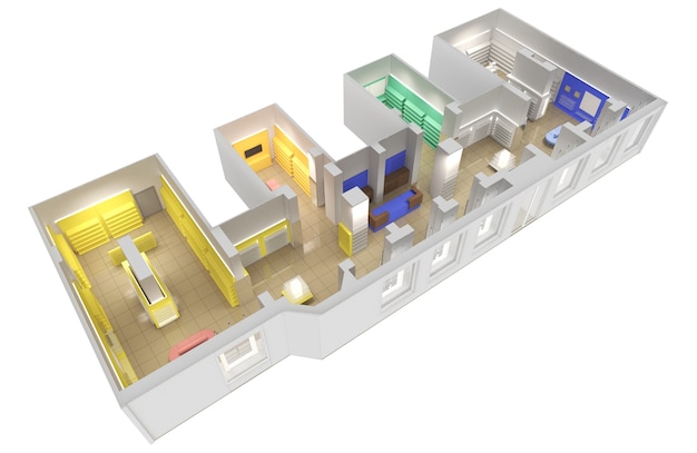 Ilustración 3D de visualización interior del centro comercial.