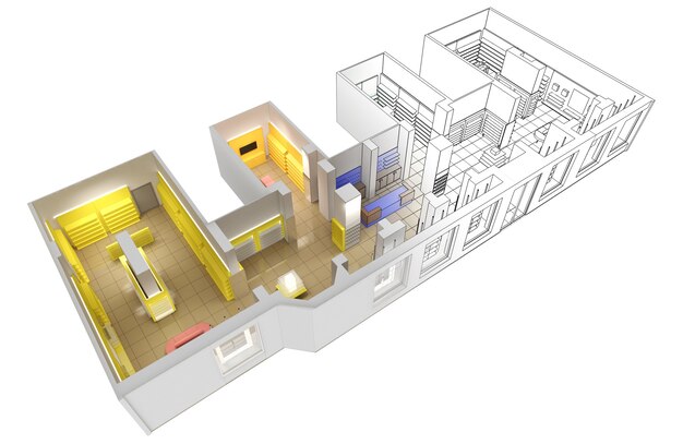 Ilustración 3D de visualización interior del centro comercial.