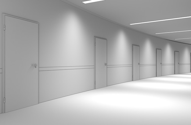 Ilustración 3D de visualización interior de pasillo largo