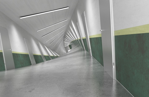Ilustración 3D de visualización interior de pasillo largo